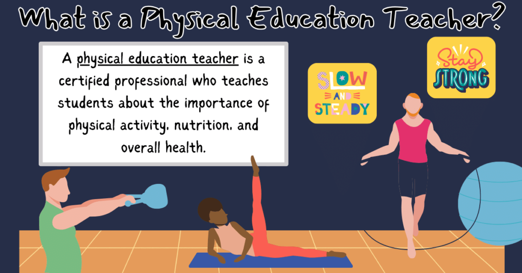 A physical education teacher is a certified professional who teaches students about the importance of physical activity, nutrition, and overall health.